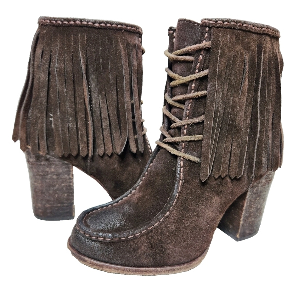 FRYE Parker Fringe Suede Boots Sz 7 Distressed Brown Boho Western 3476658